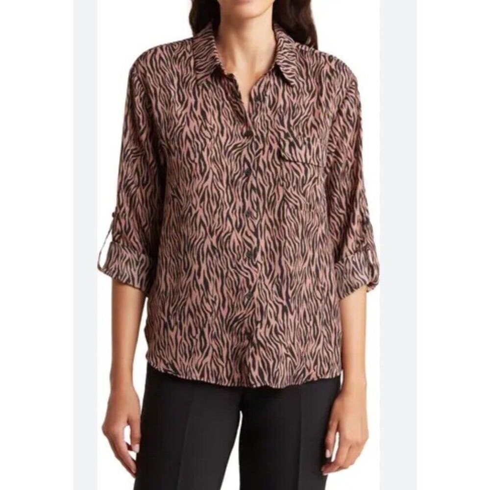 Pleione Zebra Print Button Up Blouse Women Small Roll Tab Long Sleeve NWT